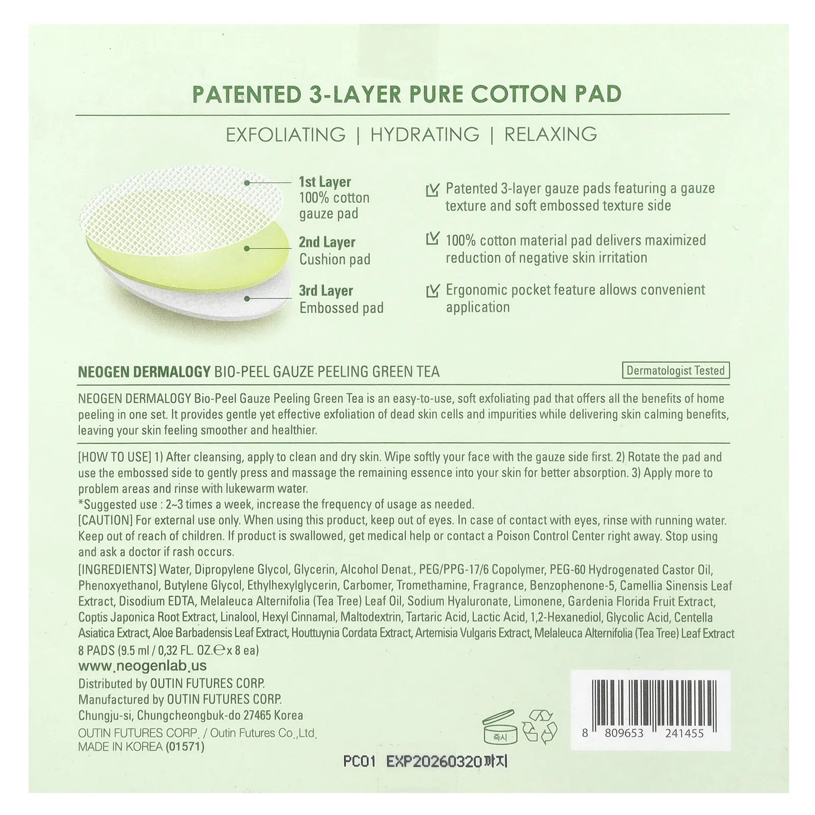 Neogen, Bio-Peel + зеленый чай с марлевым пилингом, 8 подушечек, по 9,5 мл (0,32 жидк. Унции)