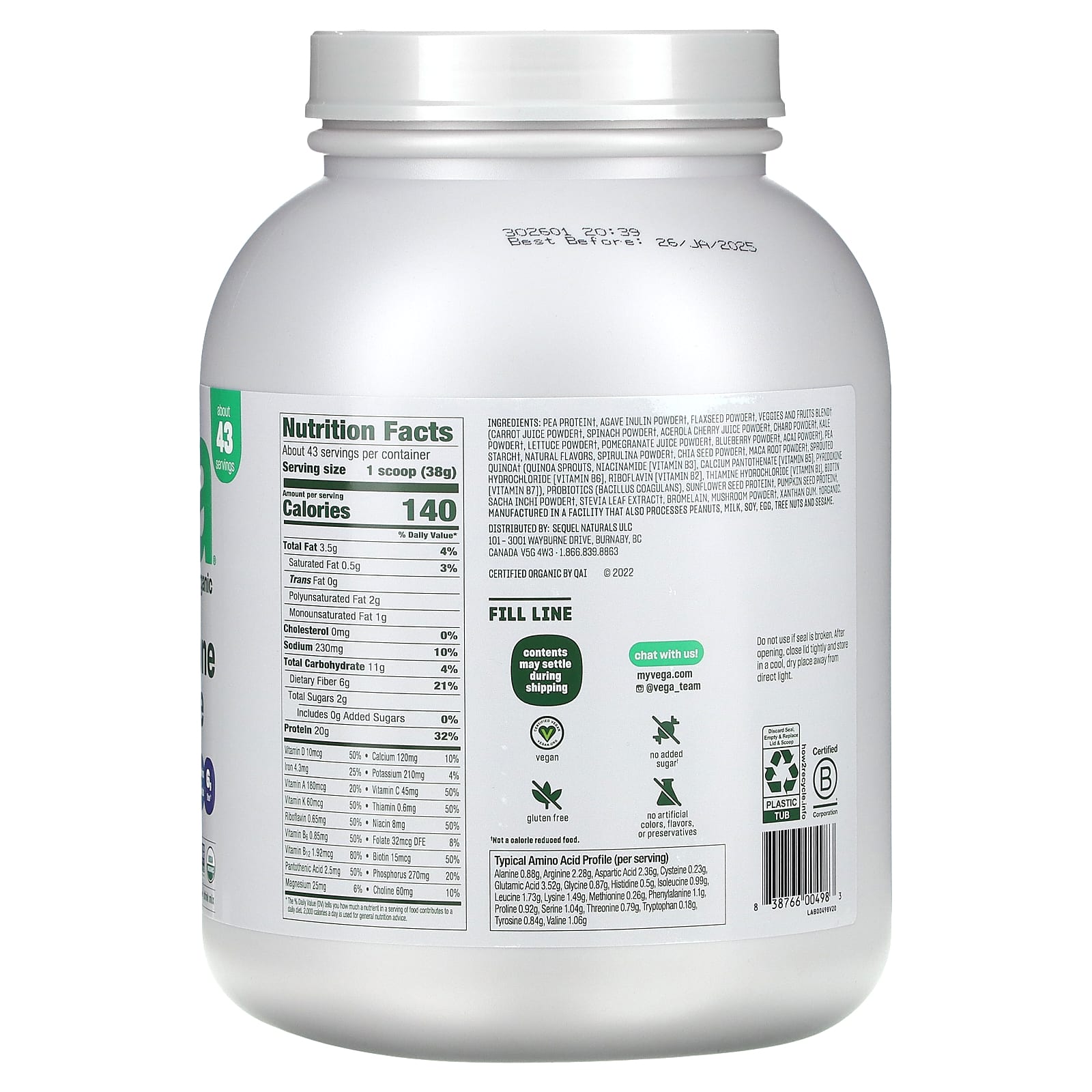 Vega, Растительный, органический универсальный коктейль, французская ваниль, 1,6 кг (3 фунта 10,1 унции)