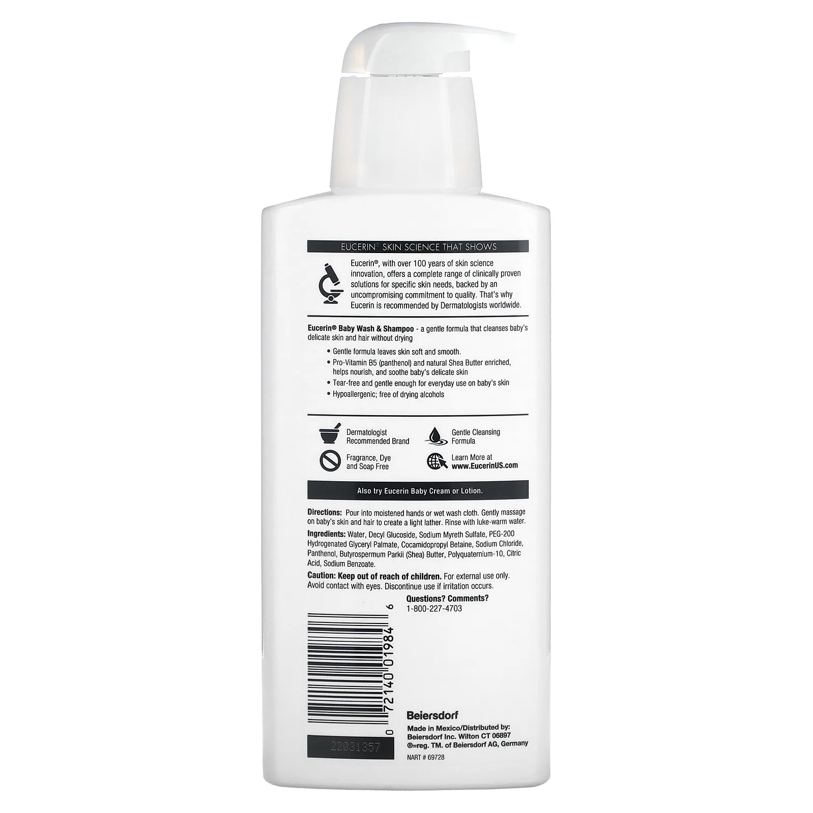 Eucerin, Baby, гель для душа и шампунь, без аромат, 400 мл (13,5 жидких унций)