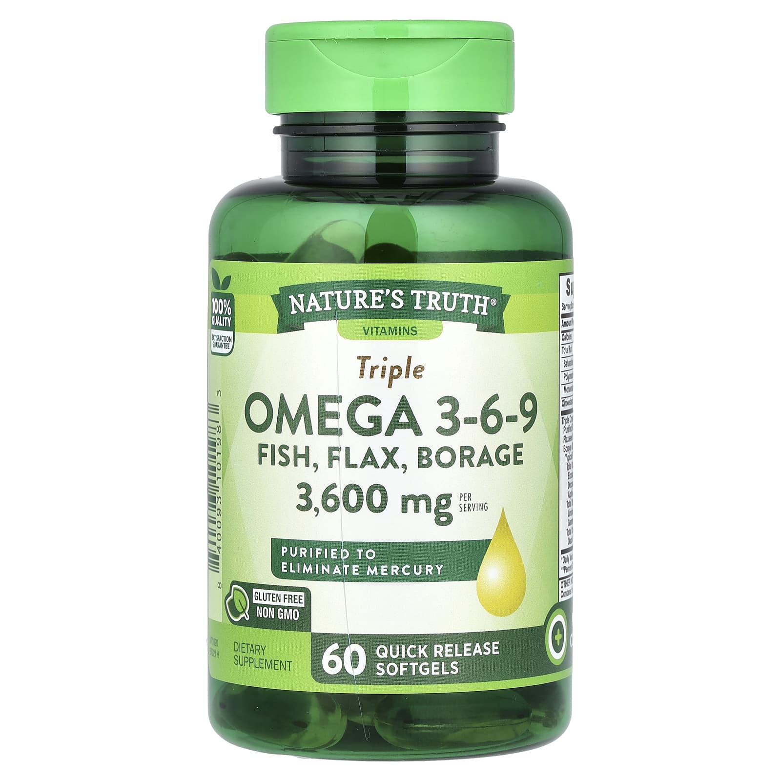 Nature's Truth, Triple Omega 3-6-9, рыба, лен, бурачник, 60 капсул быстрого действия