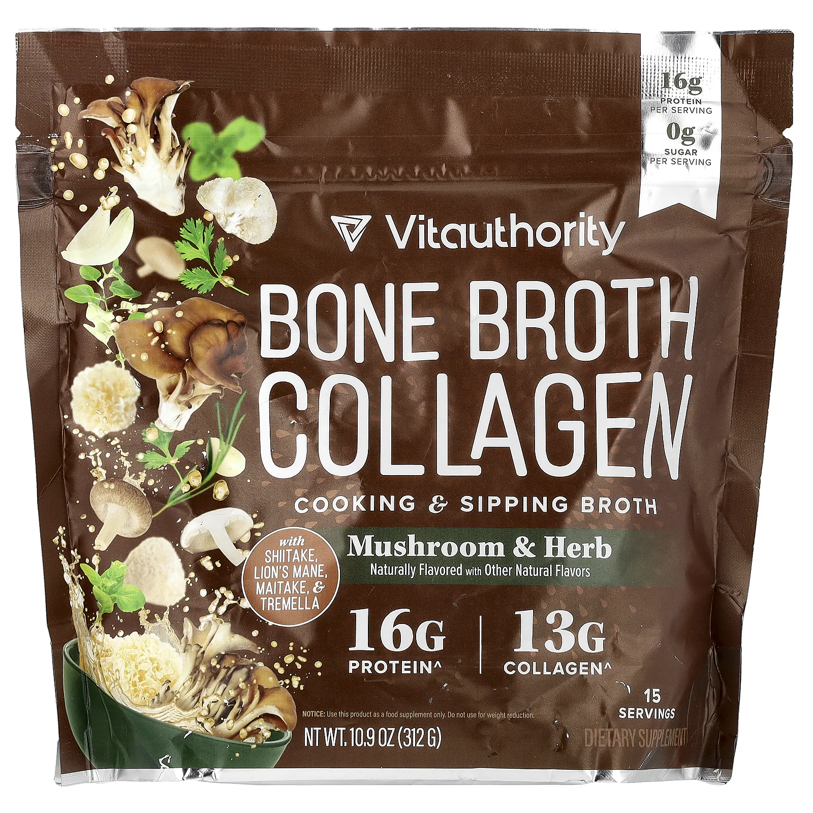 Vitauthority, Bone Broth Collagen, коллаген для приготовления блюд и питья, грибы и травы, 312 г (10,9 унции)