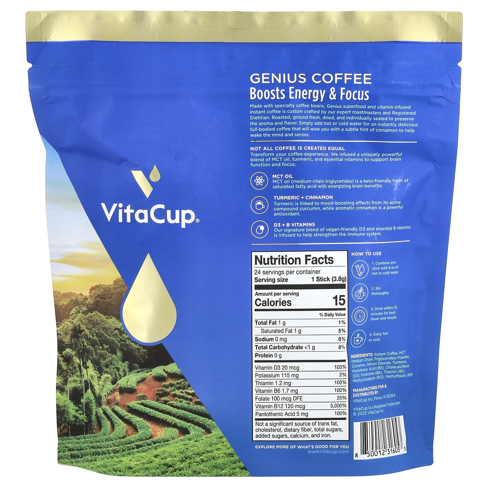 VitaCup, Genius Blend, растворимый кофе, средней обжарки, 24 палочки для еды, по 3,8 г (0,13 унции) каждая