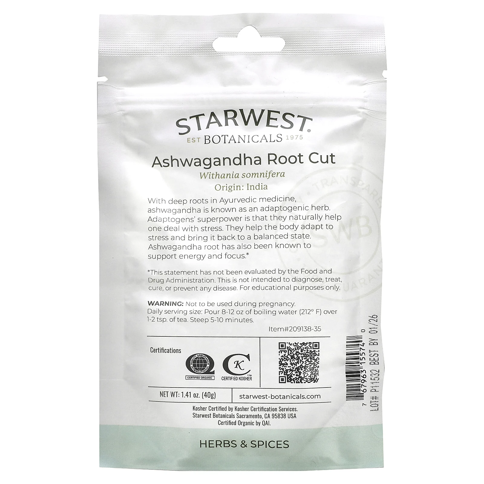 Starwest Botanicals, Органический нарезанный корень ашваганды, 40 г (1,41 унции)