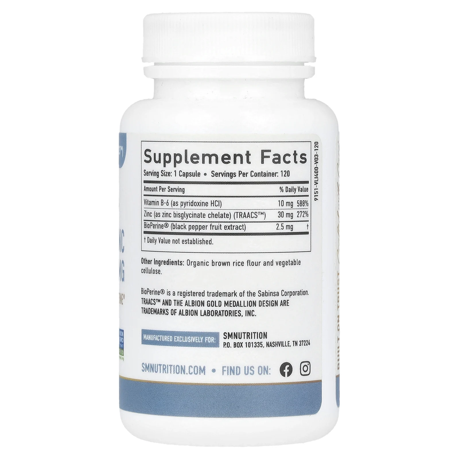 SMNutrition, Хелатный глицинат цинка, 120 капсул