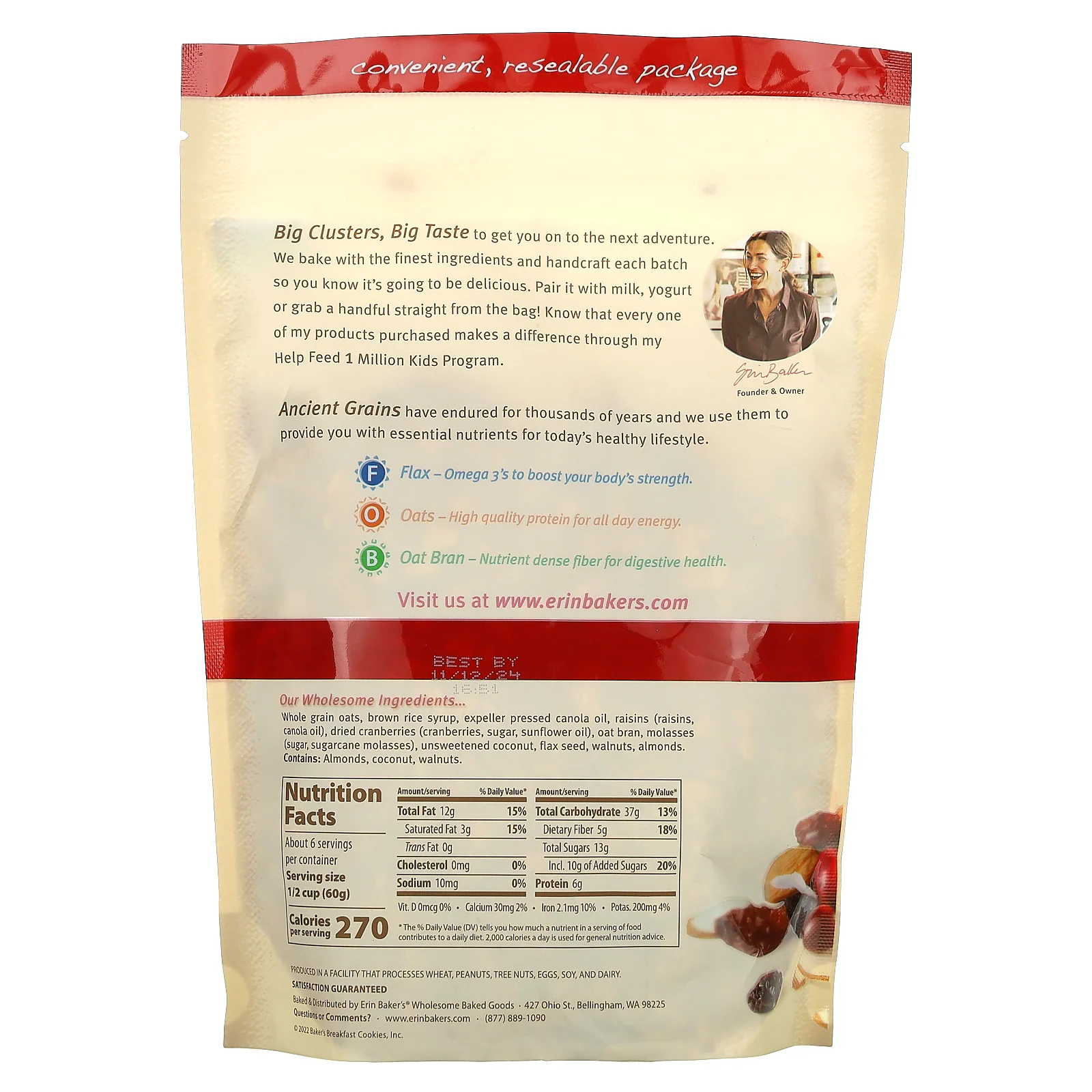 Erin Baker's, Гранола по-домашнему с древними зернами, фруктами и орехами, 340 г (12 унций)