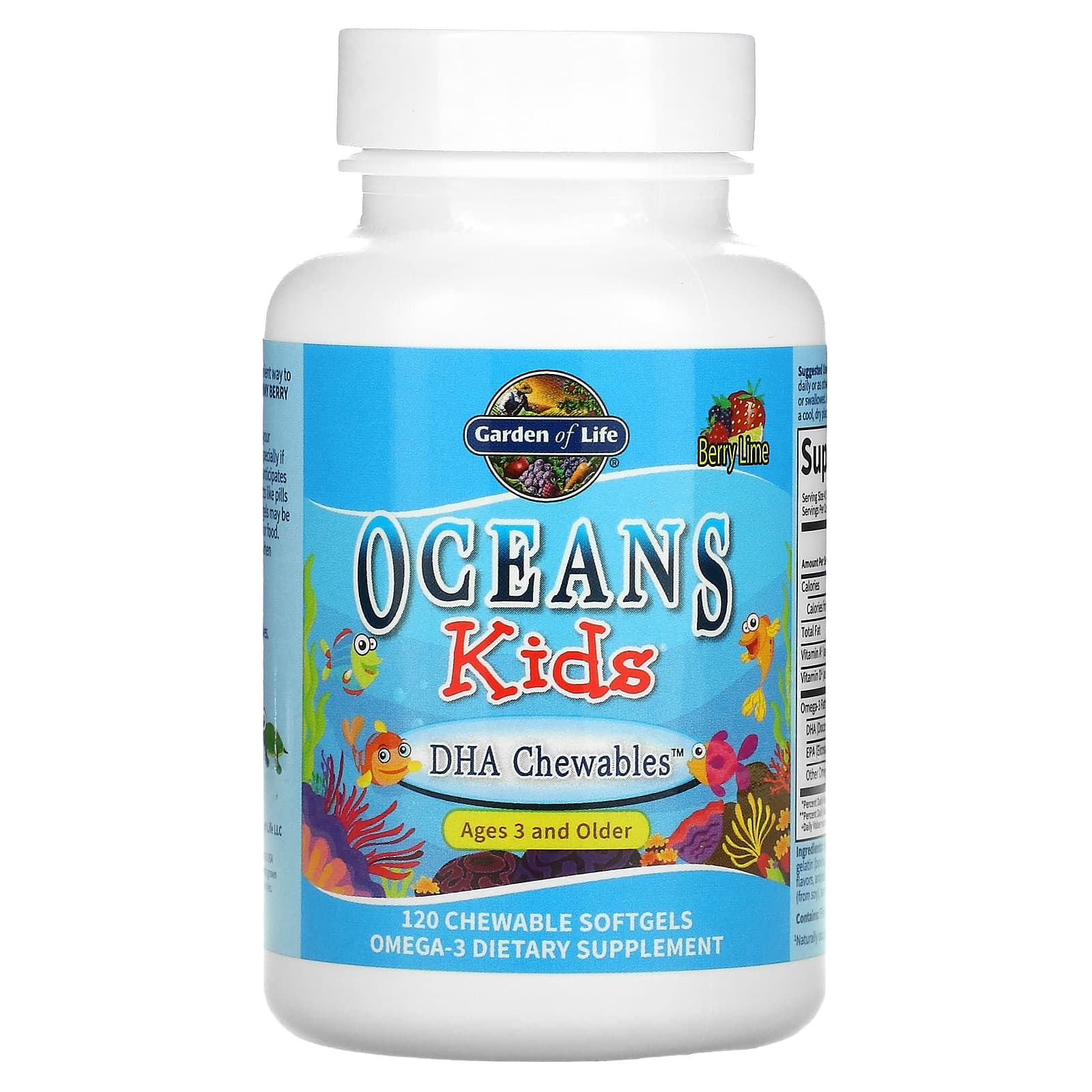 Garden of Life, Oceans Kids, DHA Chewables, ДГК в форме жевательных таблеток, для детей от 3 лет, со вкусом ягод и лайма, 120 жевательных капсул