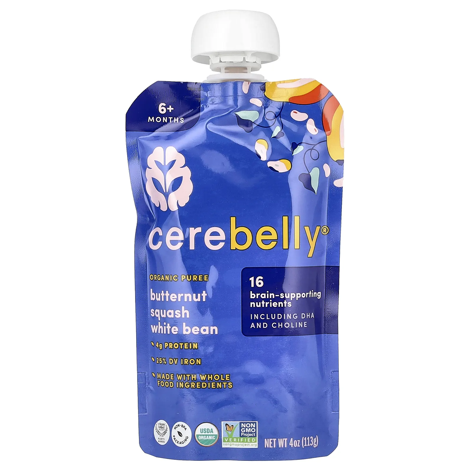 Cerebelly, органическое пюре, для детей от 6 месяцев, мускатная тыква и белая фасоль, 6 пакетиков по 113 г (4 унции)
