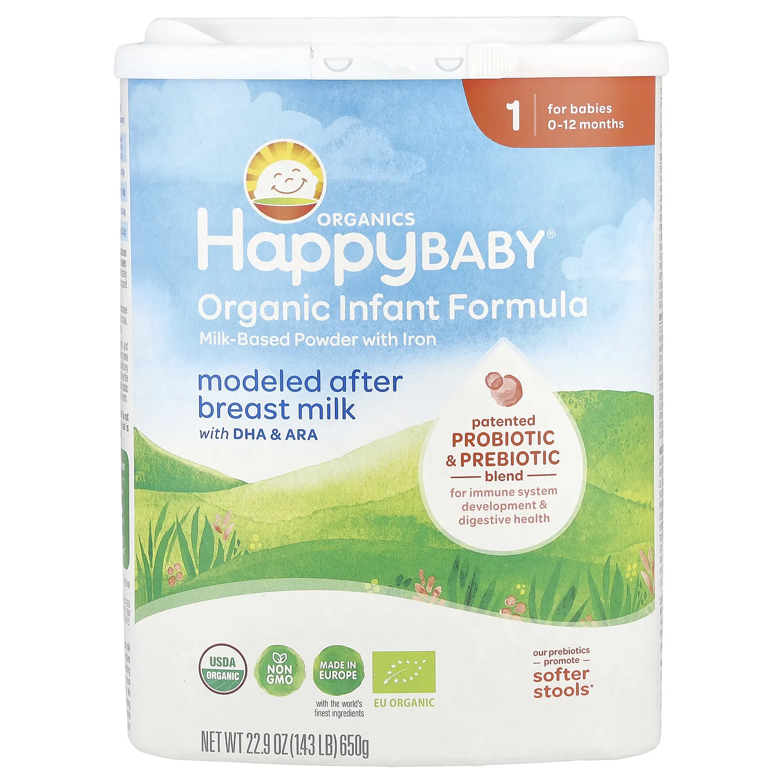Happy Family Organics, Органическая смесь для младенцев, порошок на молочной основе с железом, 0–12 месяцев, 650 г (22,9 унции)