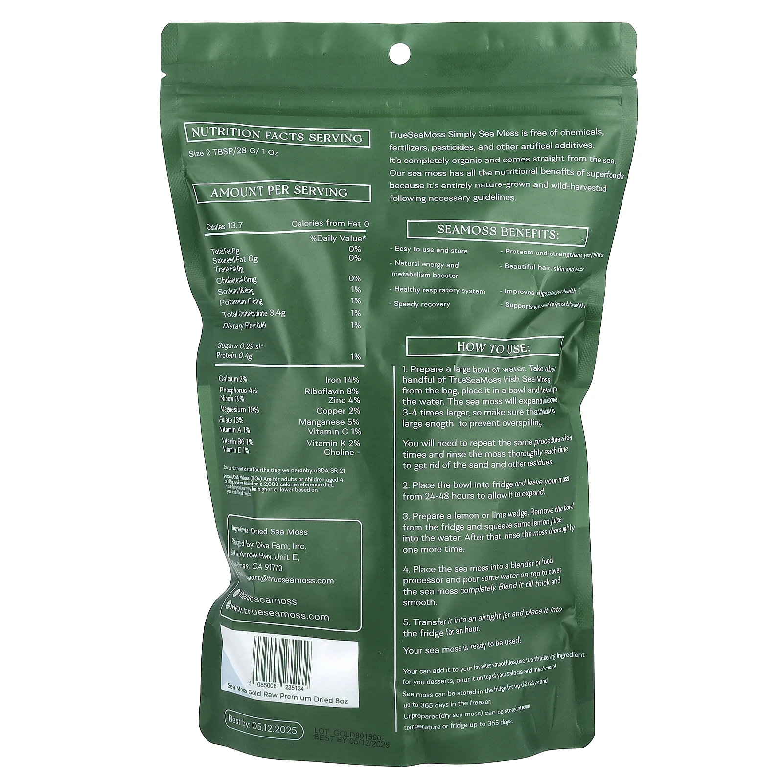 True Sea Moss, Сухой морской мох премиального качества с золотом, 226 г (8 унций)