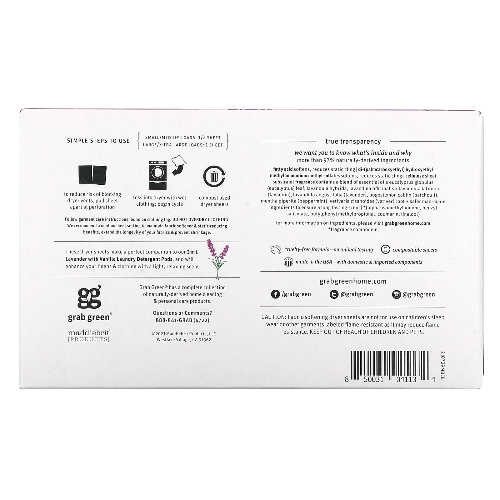 Grab Green, салфетки для сушки, лаванда с ванилью, 80 биоразлагаемых салфеток