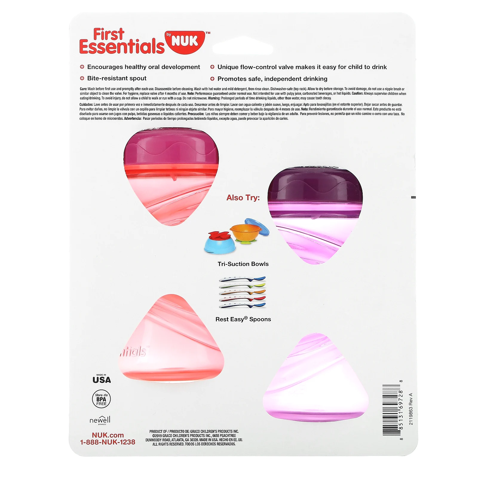 NUK, First Essentials, жесткий носик Fun Grips, для детей от 12 месяцев, розовый / фиолетовый, 2 шт. В упаковке, 300 мл (10 унций)