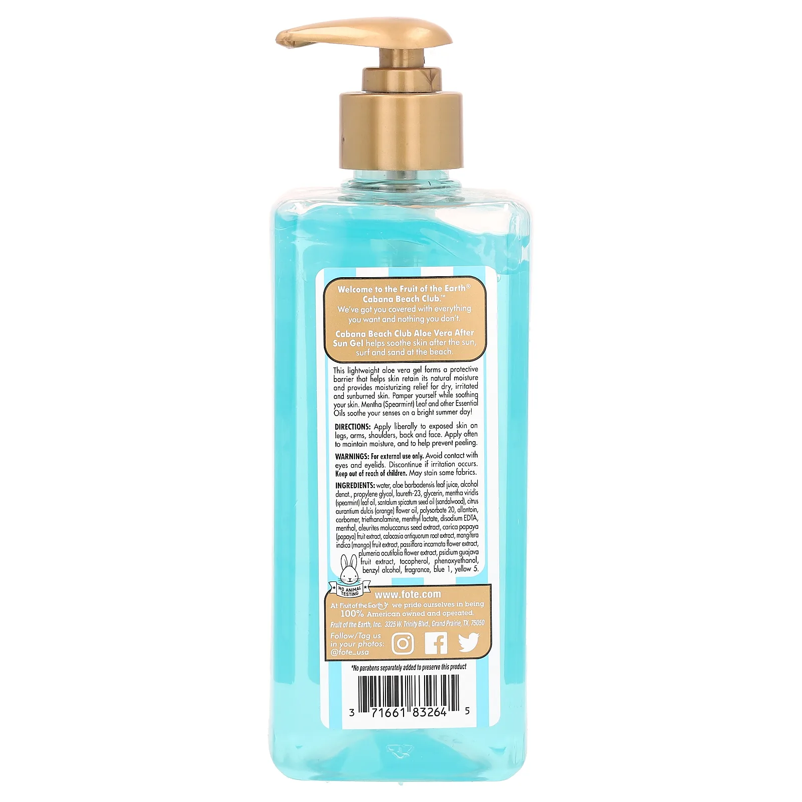 Fruit of the Earth, Cabana Бич Клуб, гель после загара с алоэ вера с мятой и эфирными маслами, 453 г (16 унций)