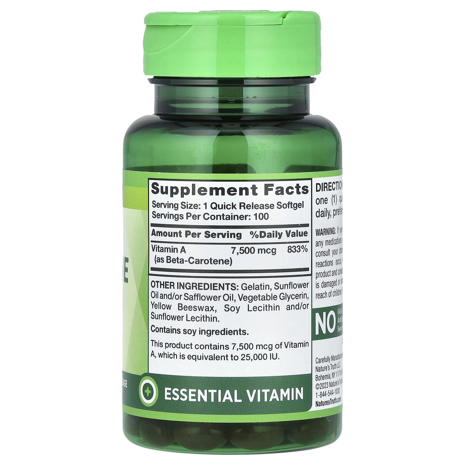 Nature's Truth, Бета-каротин, 7500 мкг (25000 МЕ), 100 капсул быстрого действия