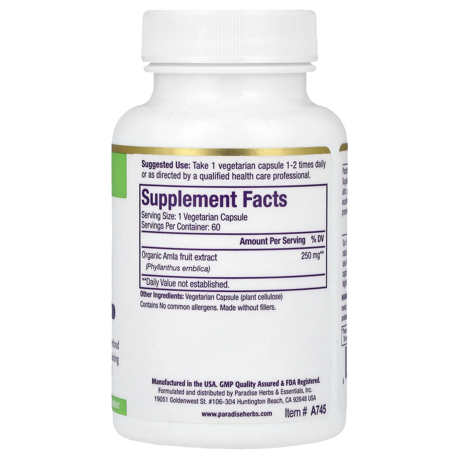 Paradise Herbs, экстракт амлы, 60 вегетарианских капсул