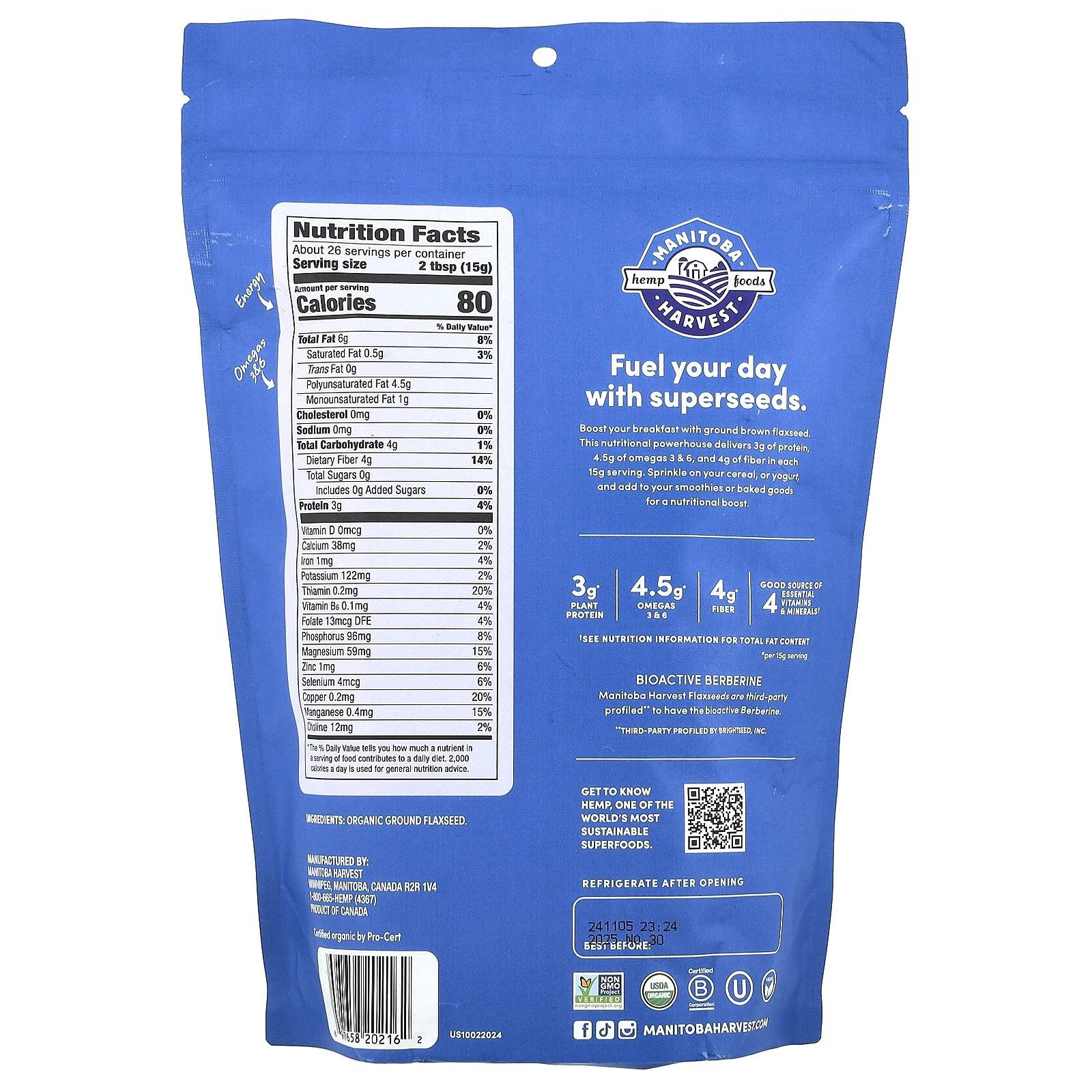 Manitoba Harvest, Органическое молотое льняное семя, 397 г (14 унций)