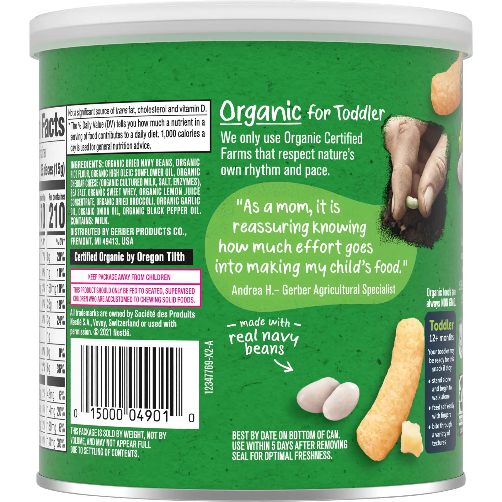 Gerber, Organic Lil 'Crunchies, запеченная с бобами закуска, от 12 месяцев, белый чеддер и брокколи, 45 г (1,59 унции)