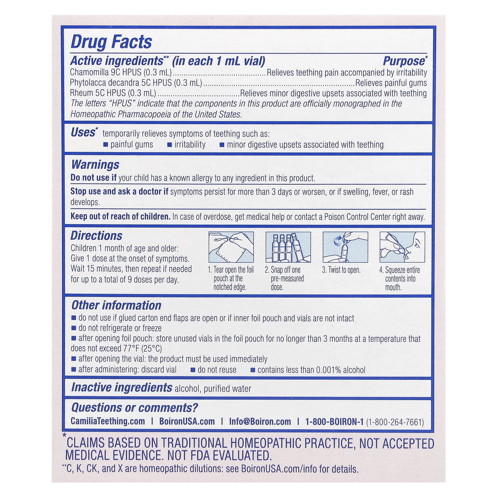 Boiron, Camilia, средство для снятия боли при прорезывании зубов, для младенцев от 1 месяца, 30 отмеренных жидких доз, 1 мл (0,034 жидк. унции) каждая