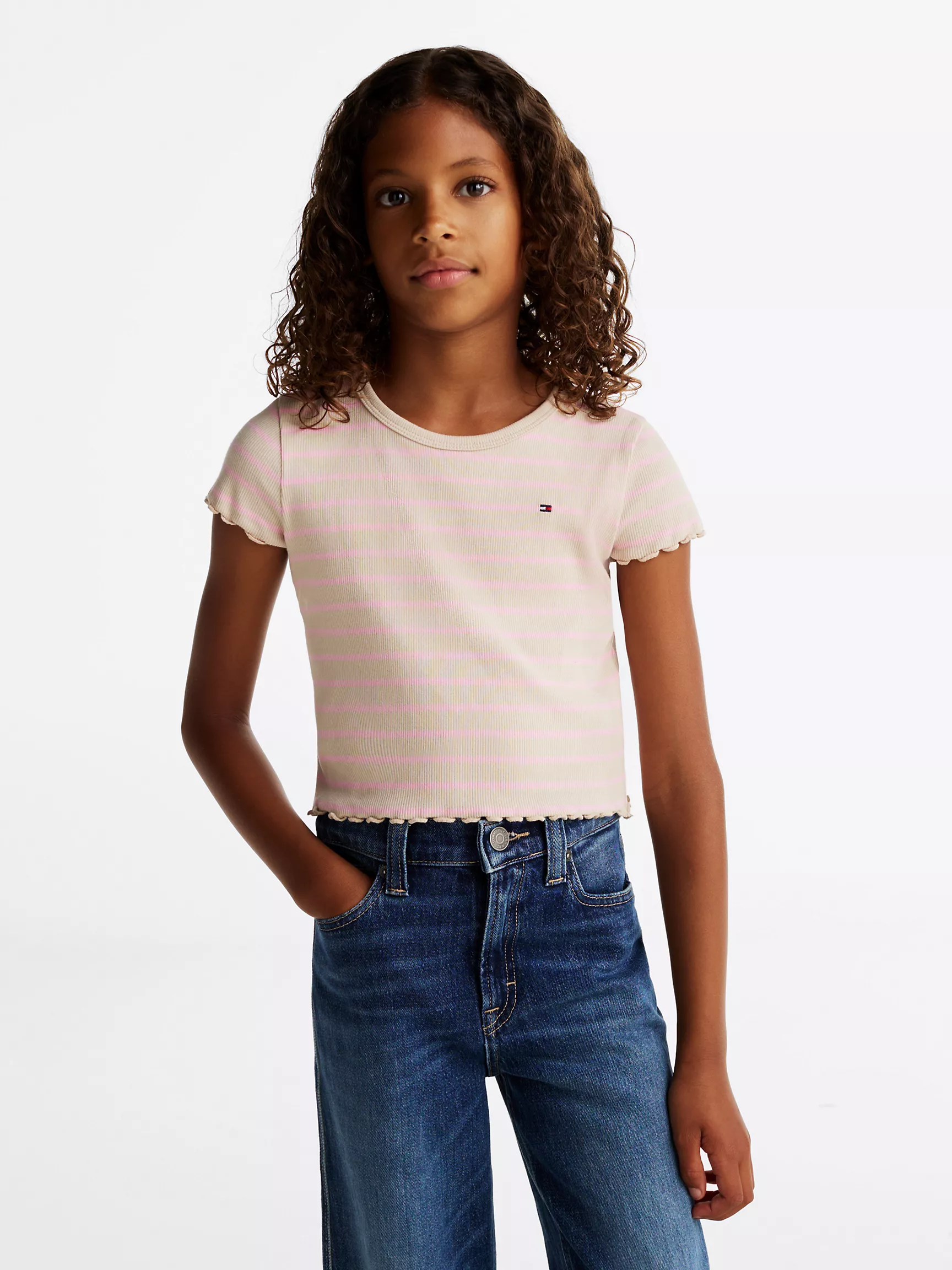 Топ для девочек Tommy Hilfiger, Детская полосатая футболка в рубчик с волнистым краем