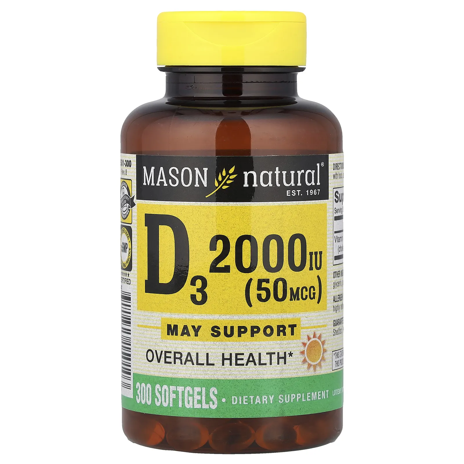 Mason Natural, витамин D3, 50 мкг (2000 МЕ), 300 мягких таблеток