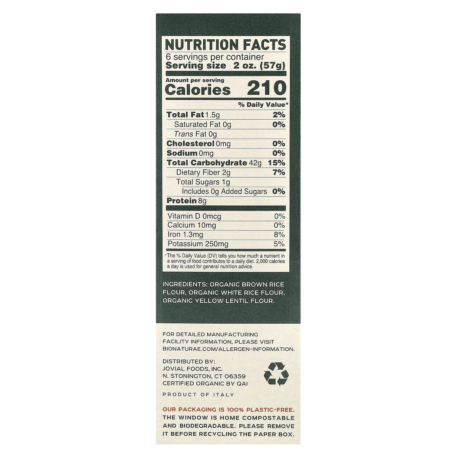 Bionaturae, 100% органические макаронные изделия, рис и чечевица, без глютена, 340 г (12 унций)