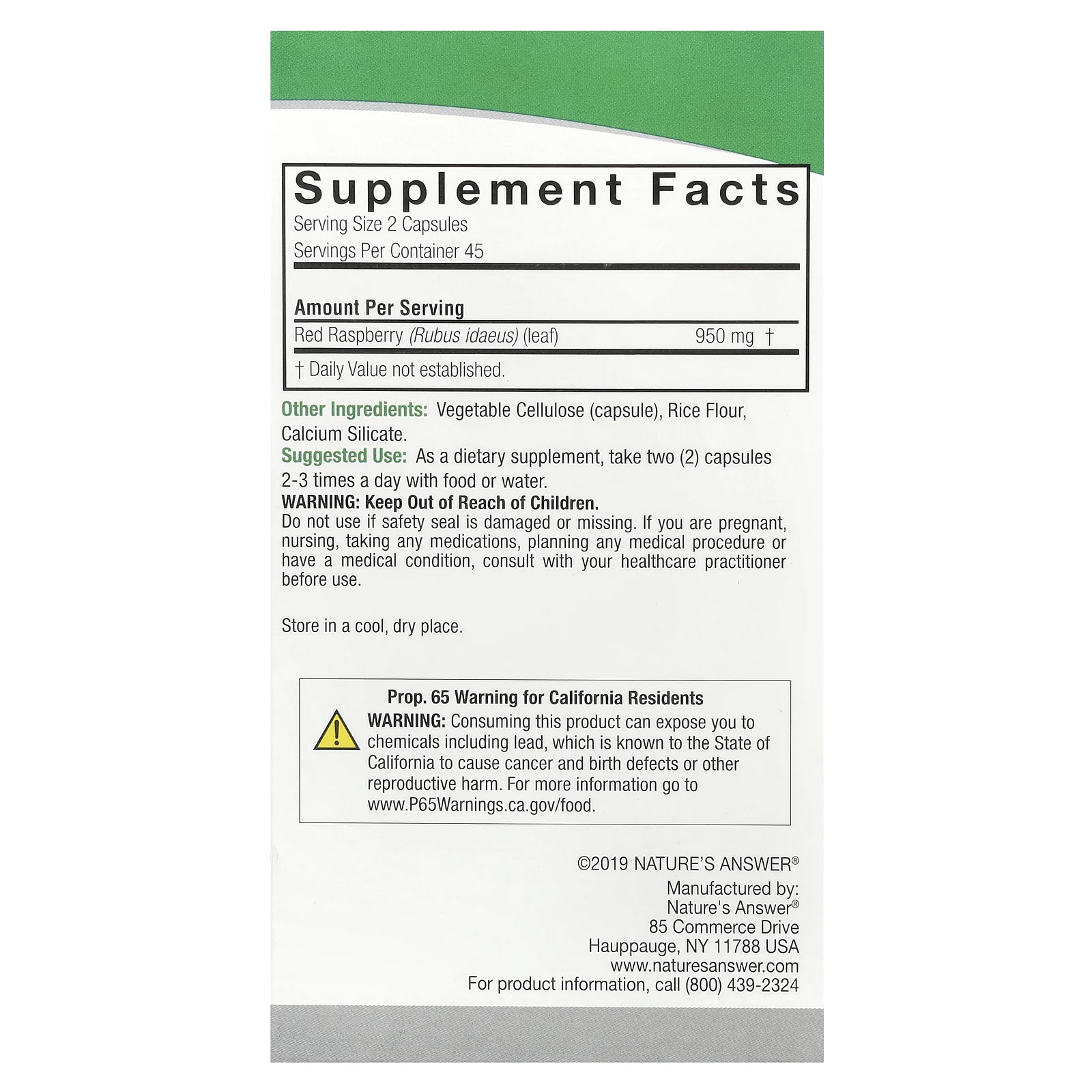 Nature's Answer, красная малина, 950 мг, 90 вегетарианских капсул (475 мг в 1 капсуле)