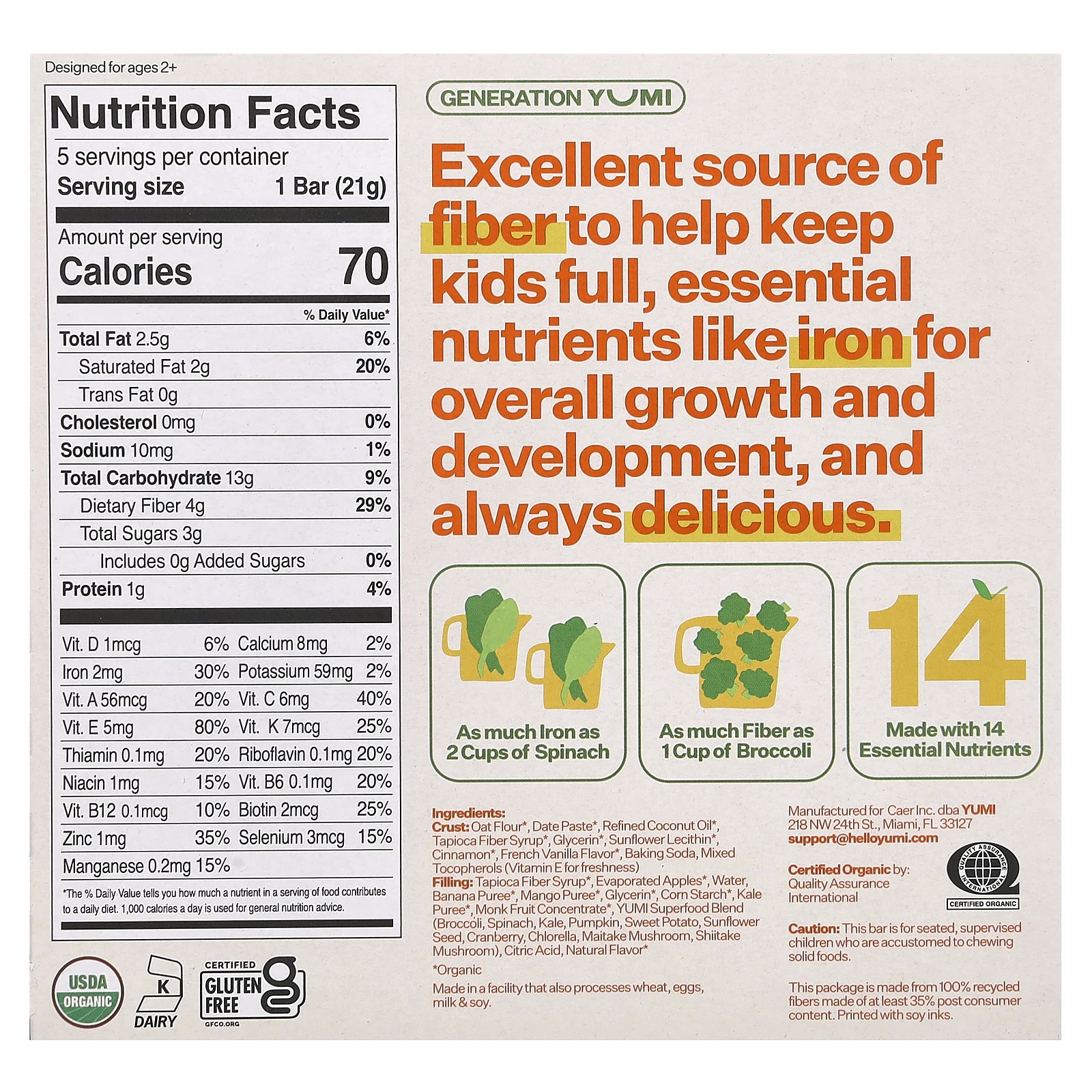 Yumi, органический батончик, для малышей, с манго и кудрявой капустой, 5 шт. по 21 г (0,74 унции)