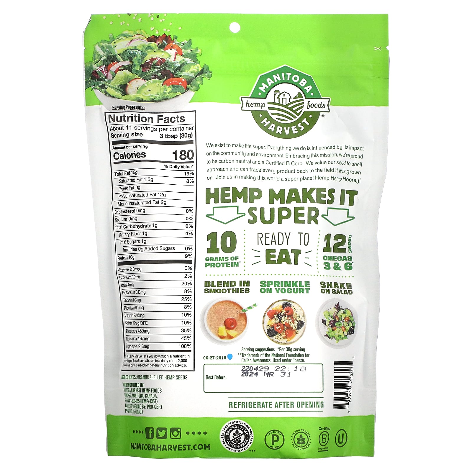 Manitoba Harvest, Hemp Hearts, органические очищенные семена конопли, с ореховым ароматизатором, 340 г (12 унций)