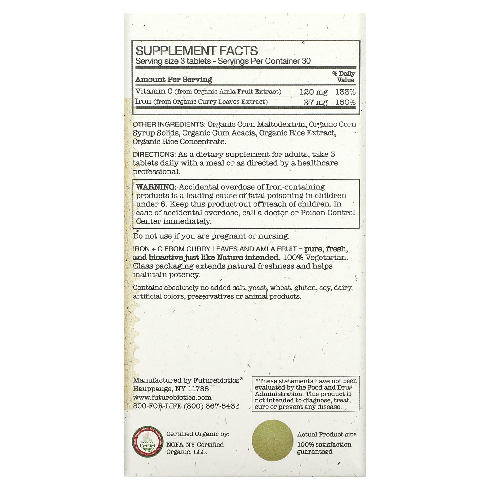 Futurebiotics, Сертифицированное органическое железо и витамин С, 90 органических вегетарианских таблеток