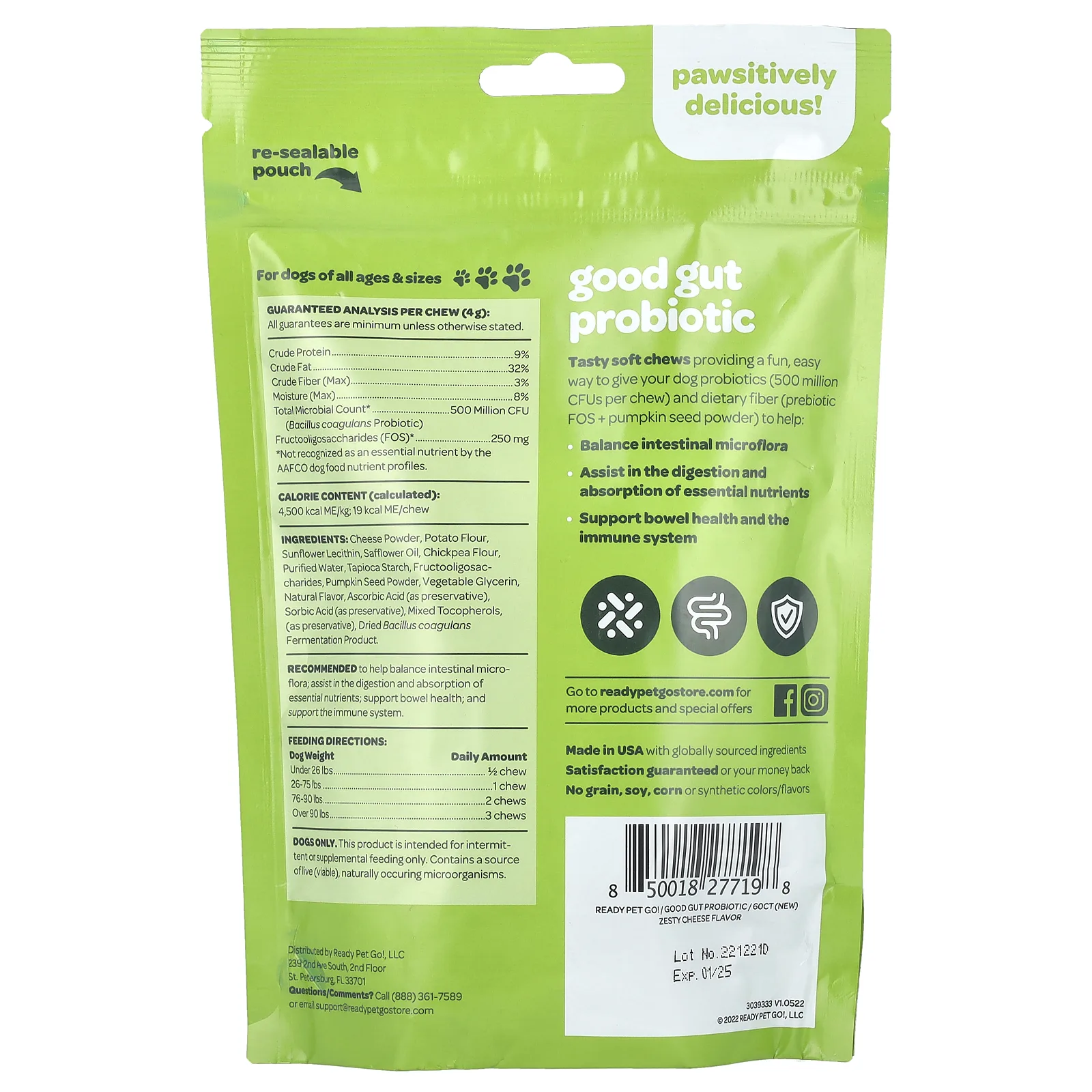 Ready Pet Go, Полезный пробиотик для кишечника, для собак, для всех возрастов, пикантный сыр, 60 жевательных таблеток, 240 г (8,5 унции)