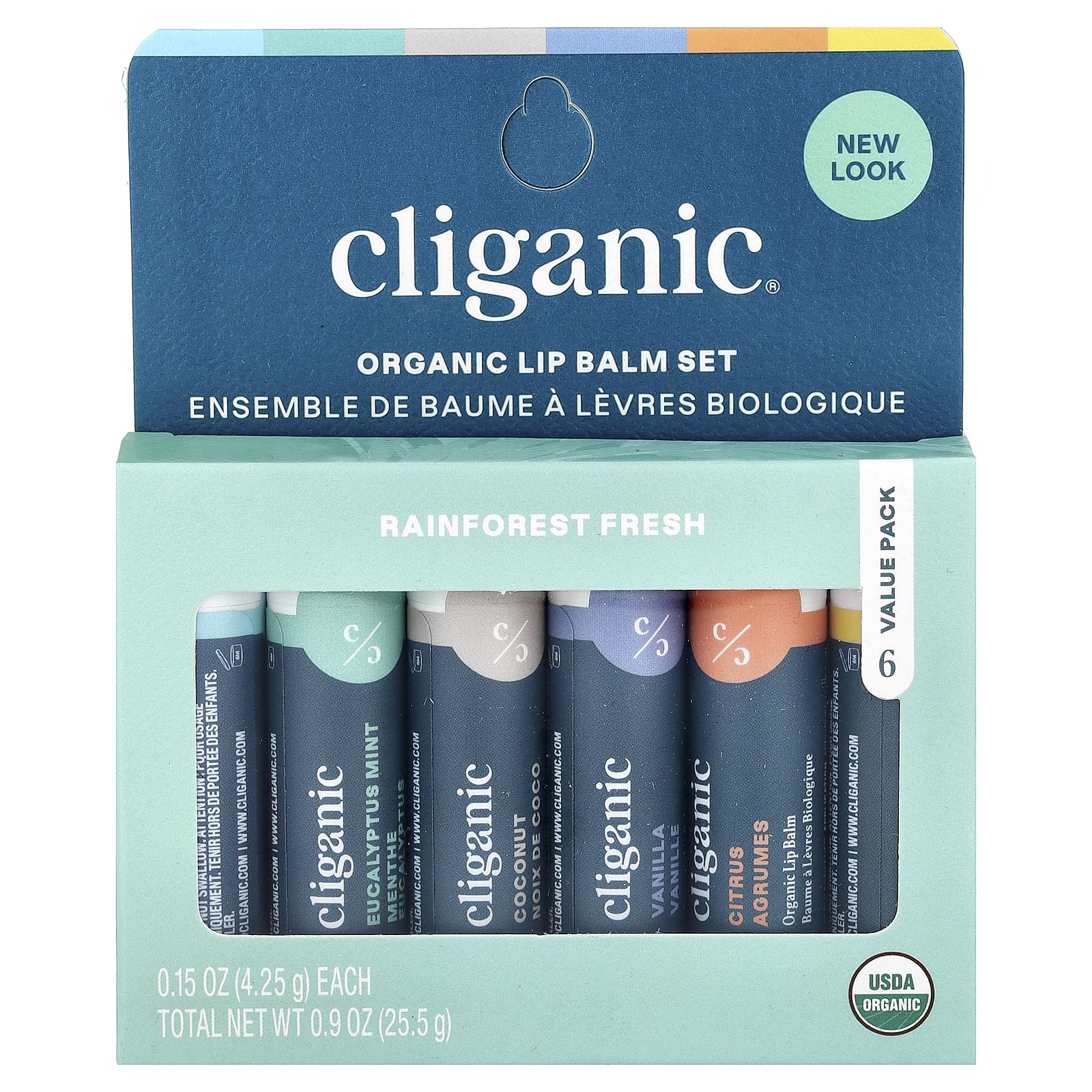 Cliganic, Набор органических бальзамов для губ, Rainforest Fresh, 6 упаковок по 4,25 мл (0,15 жидк. Унции)