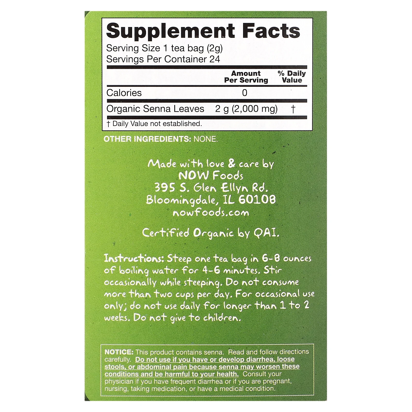 NOW Foods, Real Tea, органическая сенна, без кофеина, 24 чайных пакетика, 48 г (1,7 унции)