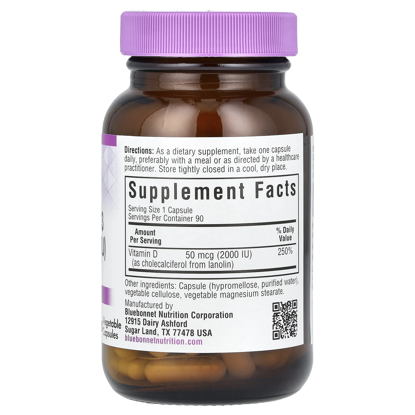 Bluebonnet Nutrition, Витамин D3, 50 мкг (2000 МЕ), 90 растительных капсул