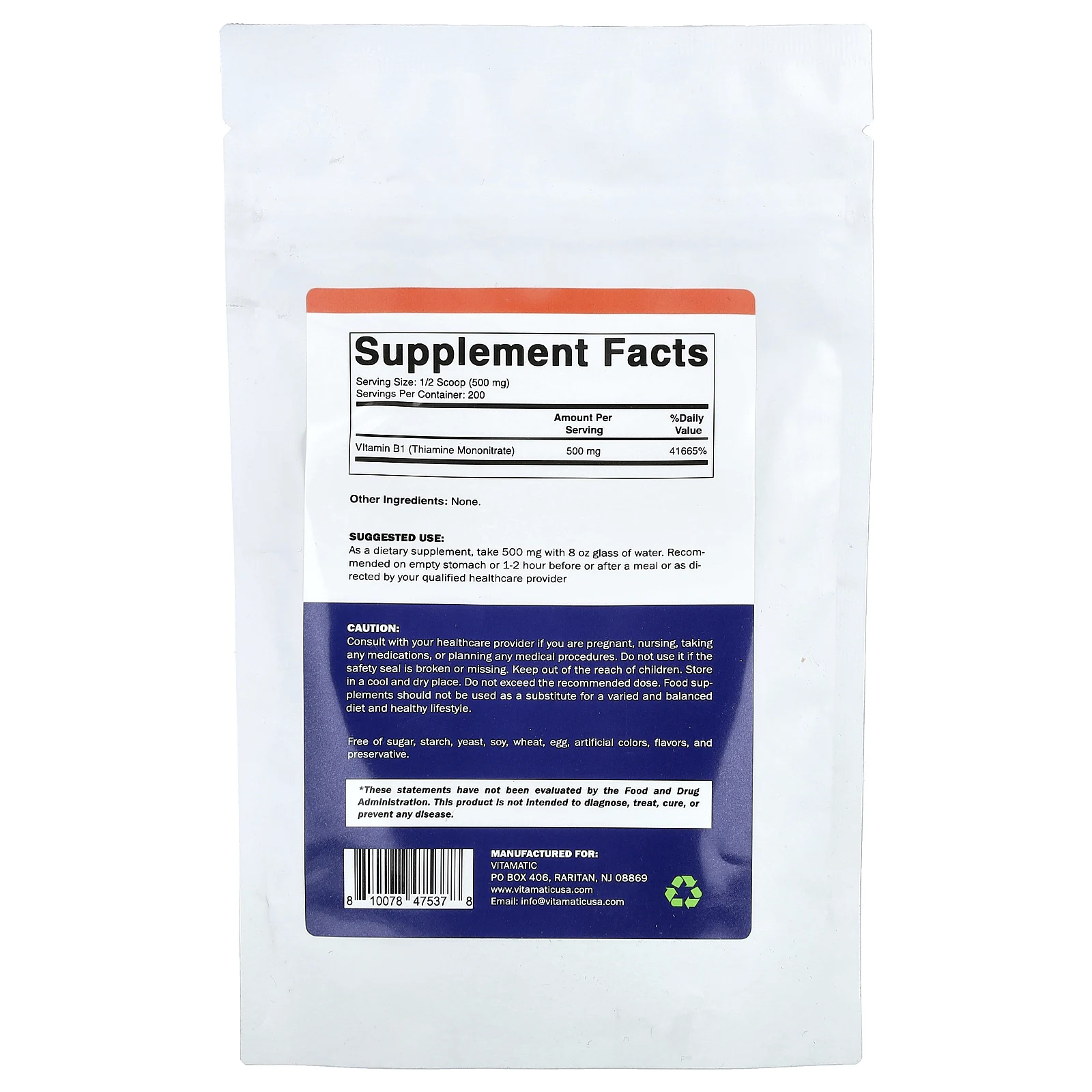 Vitamatic, витамин B1 в порошке, без добавок, 100 г (3,5 унции)