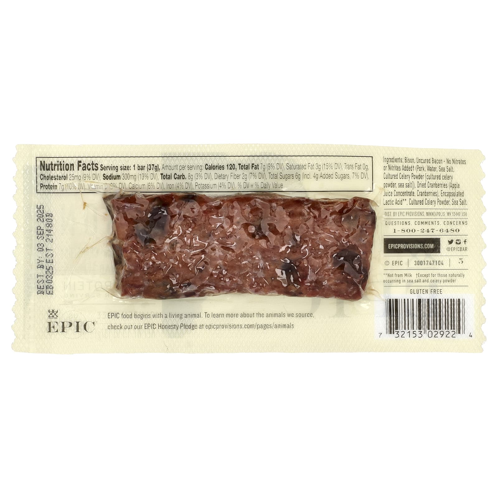Epic Bar, Bison Bar, неотвержденный бекон и клюква, 37 г (1,3 унции)