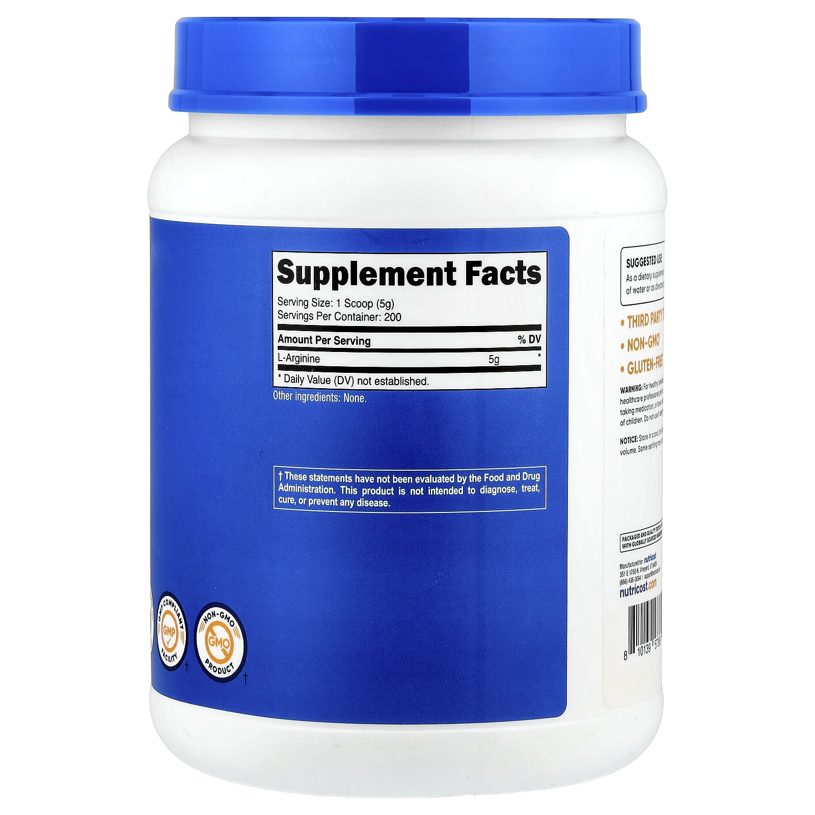 Nutricost, L-аргинин, без добавок, 1 кг (35,7 унции)