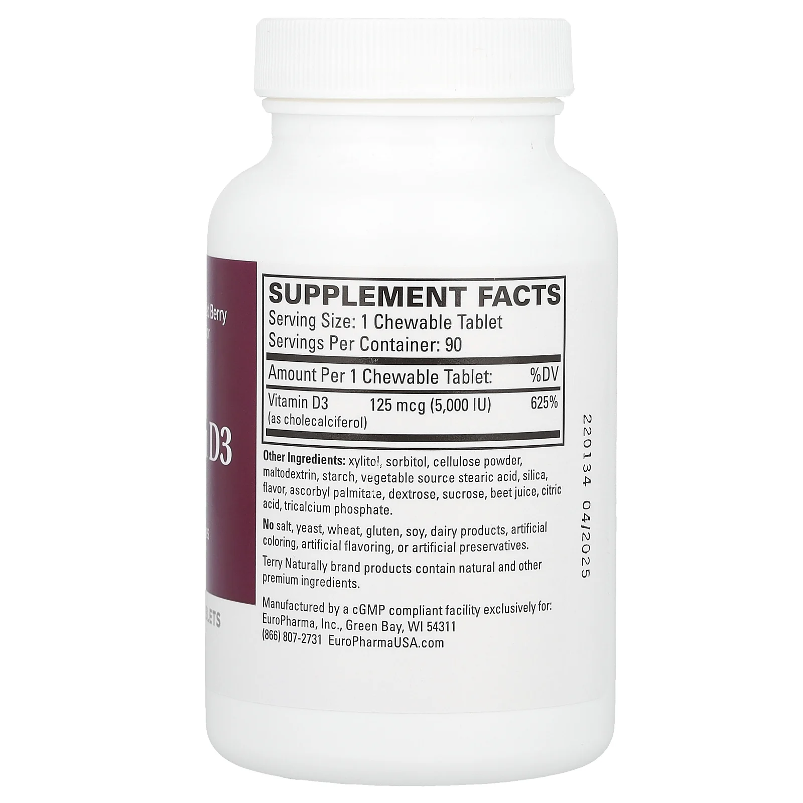 Terry Naturally, витамин D3, ягодное ассорти, 5000 МЕ, 90 жевательных таблеток