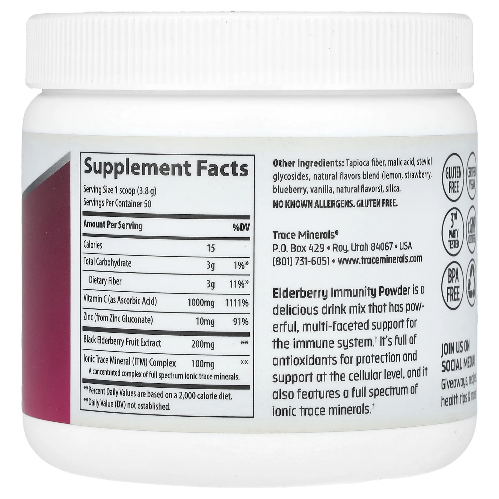 Trace Minerals ®, Порошок для иммунитета из бузины, лимон и ягоды, 190 г (6,7 унции)