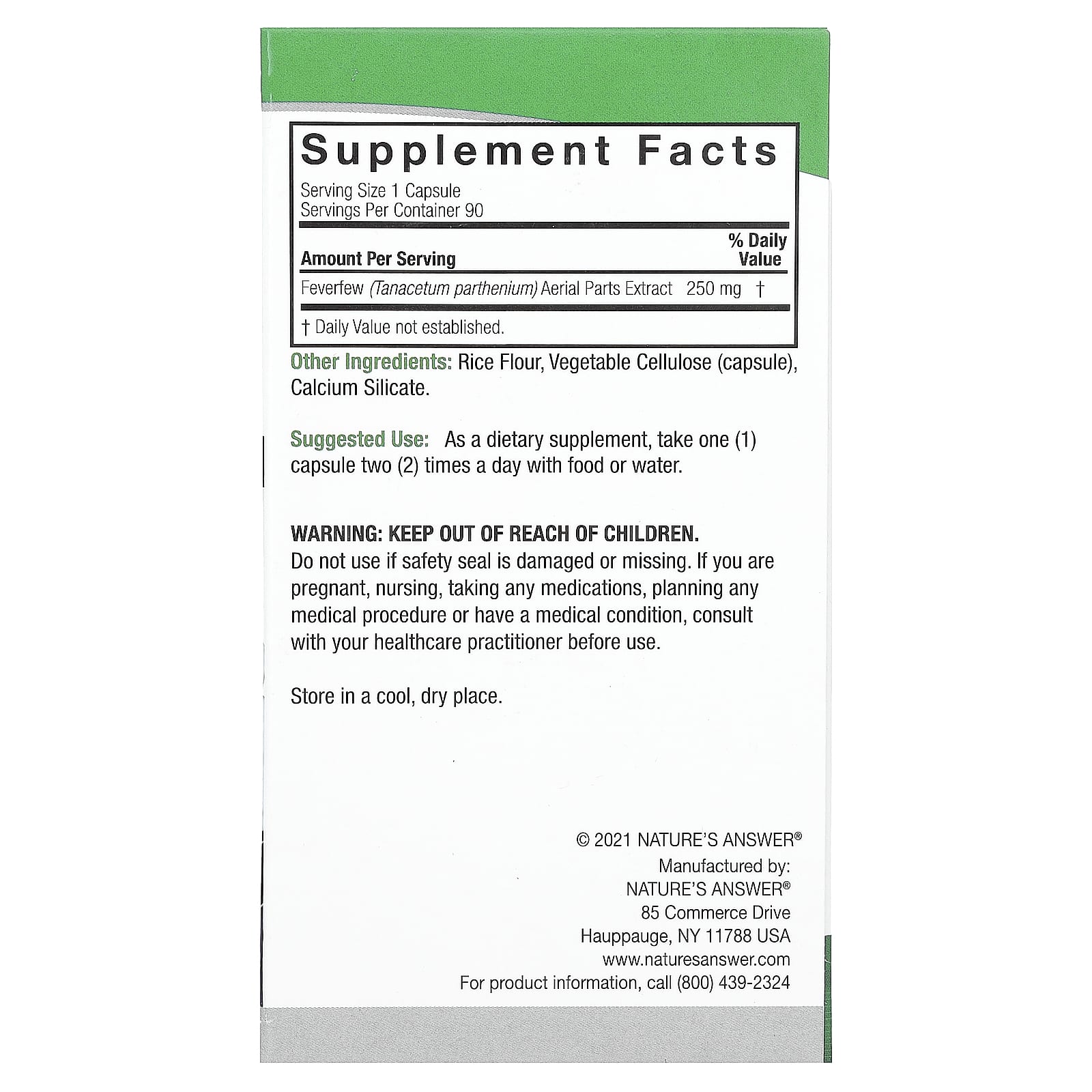 Nature's Answer, пиретрум, стандартизированное растение, 250 мг, 90 вегетарианских капсул