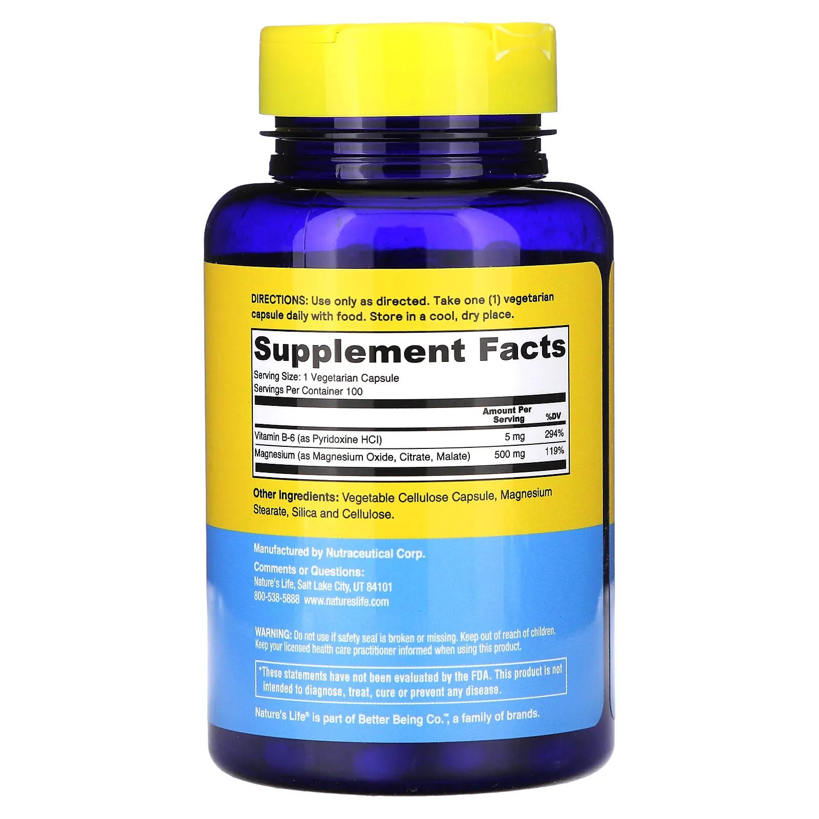 Nature's Life, восстанавливающий магний, 500 мг, 100 вегетарианских капсул