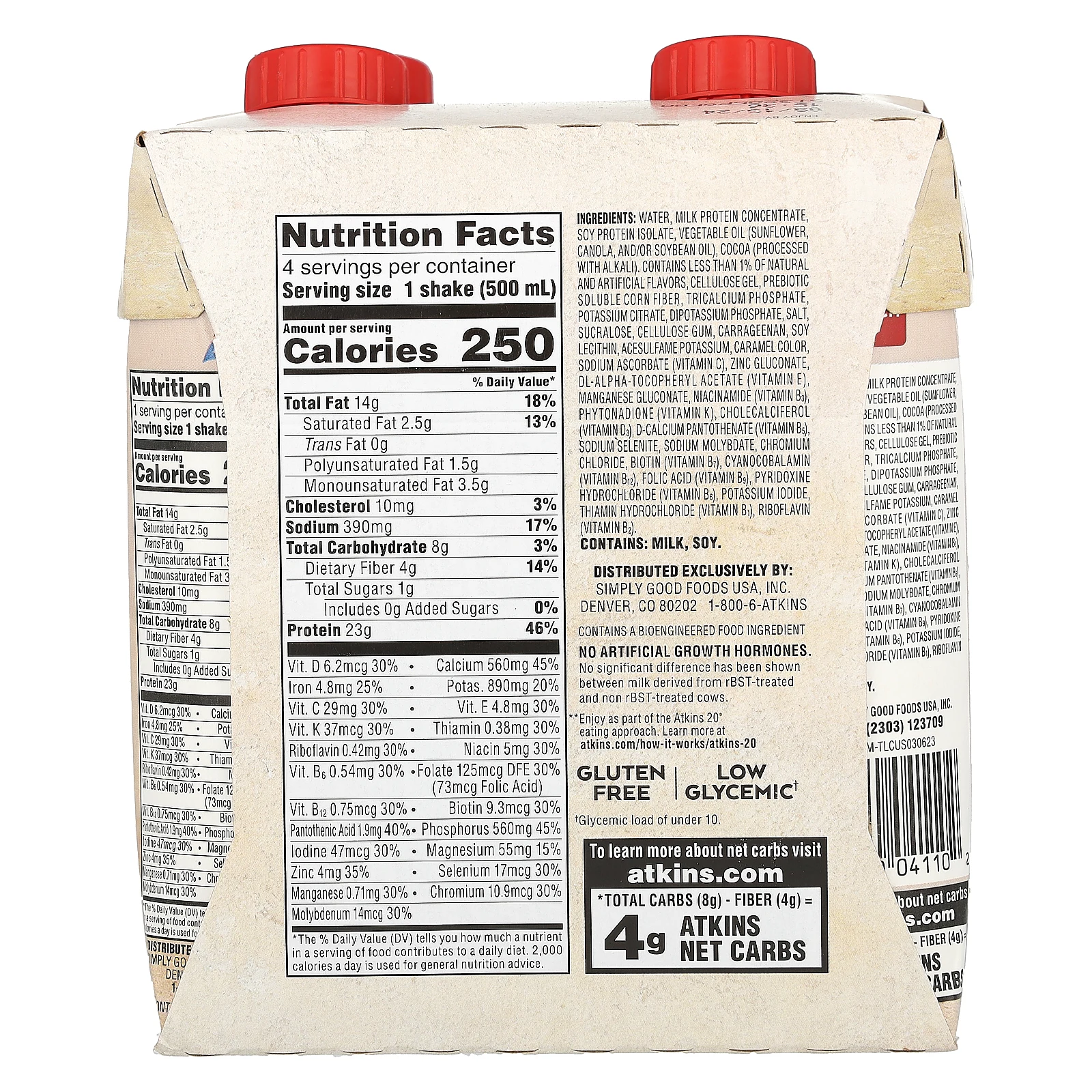 Atkins, Насыщенный протеином коктейль, сливочный шоколад, 4 коктейля, 500 мл (16,9 жидк. Унции)