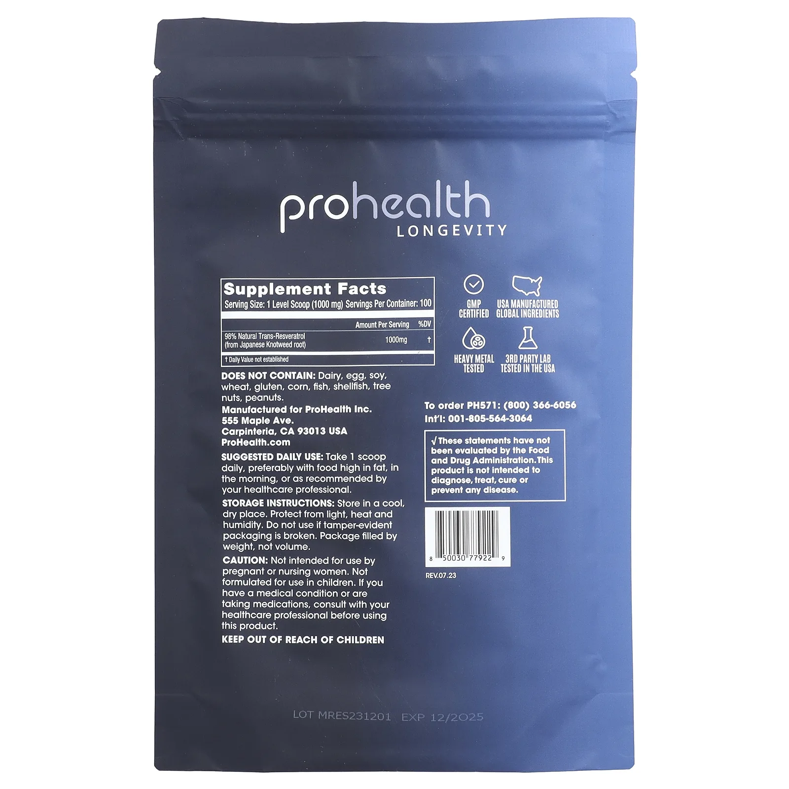 ProHealth Longevity, транс-ресвератрол, чистый микронизированный порошок, 100 г