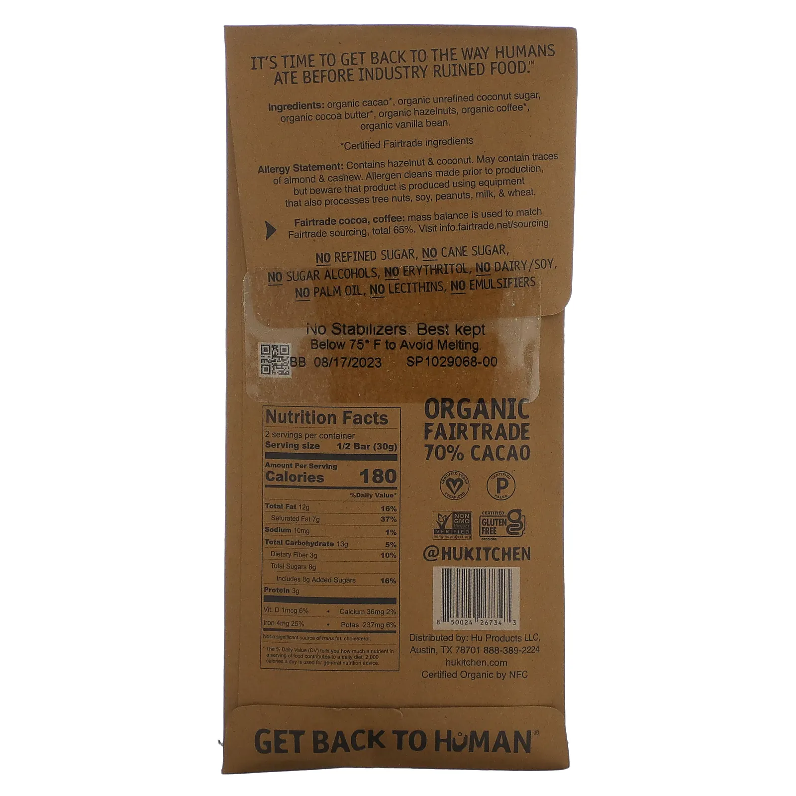 Hu, Кофе с фундуком и темный шоколад, 60 г (2,1 унции)