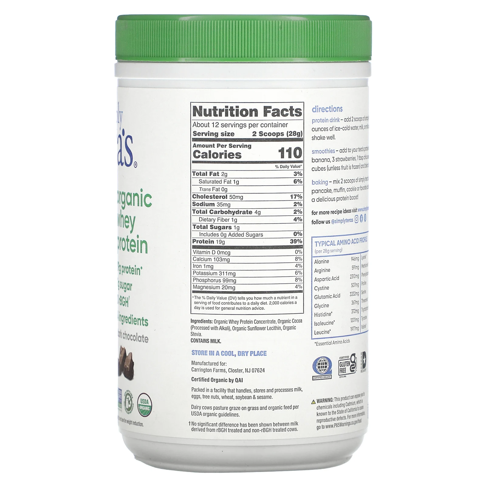 Simply Tera's, органический сывороточный протеин, темный шоколад, 340 г (12 унций)