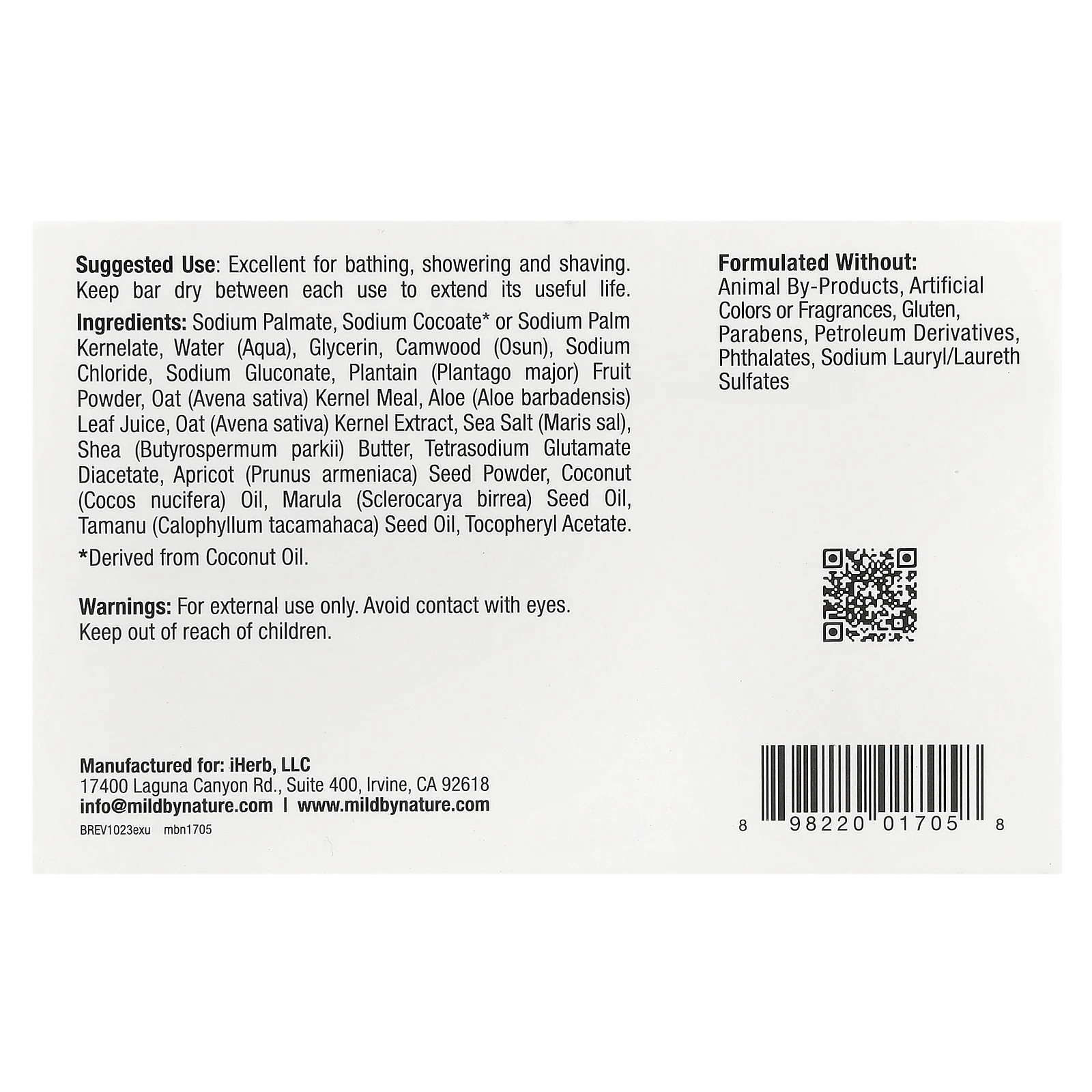 Mild By Nature, отшелушивающее мыло, с маслами марулы, таману и ши, без запаха, 141 г (5 унций)