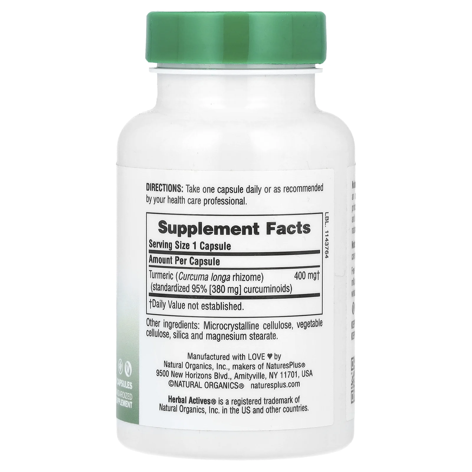 NaturesPlus, Herbal Actives, куркума, 400 мг, 60 веганских капсул