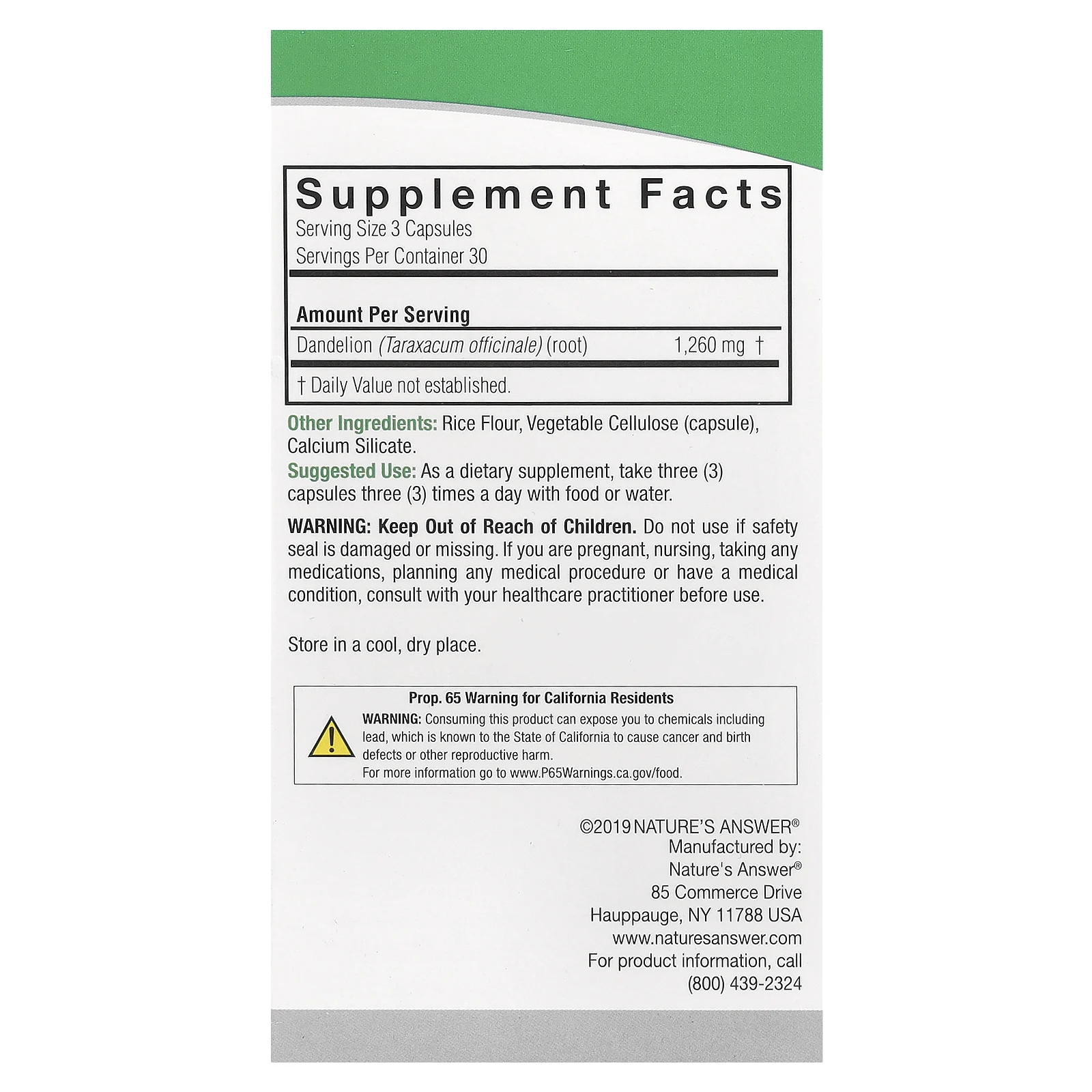Nature's Answer, одуванчик, 1260 мг, 90 вегетарианских капсул (420 мг в 1 капсуле)