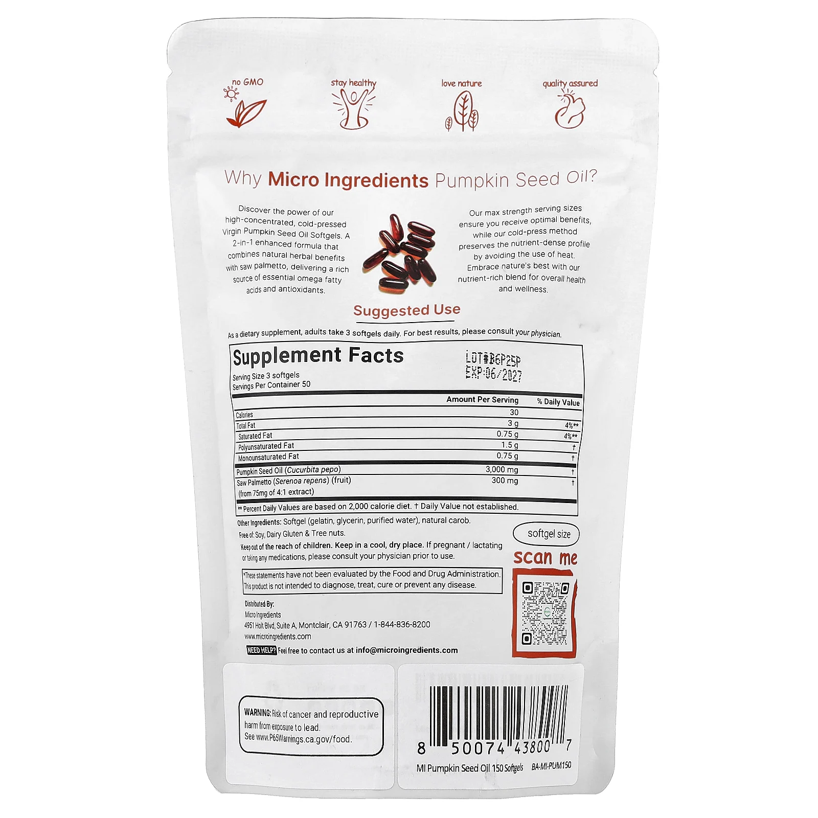 Micro Ingredients, масло семян тыквы, 150 капсул