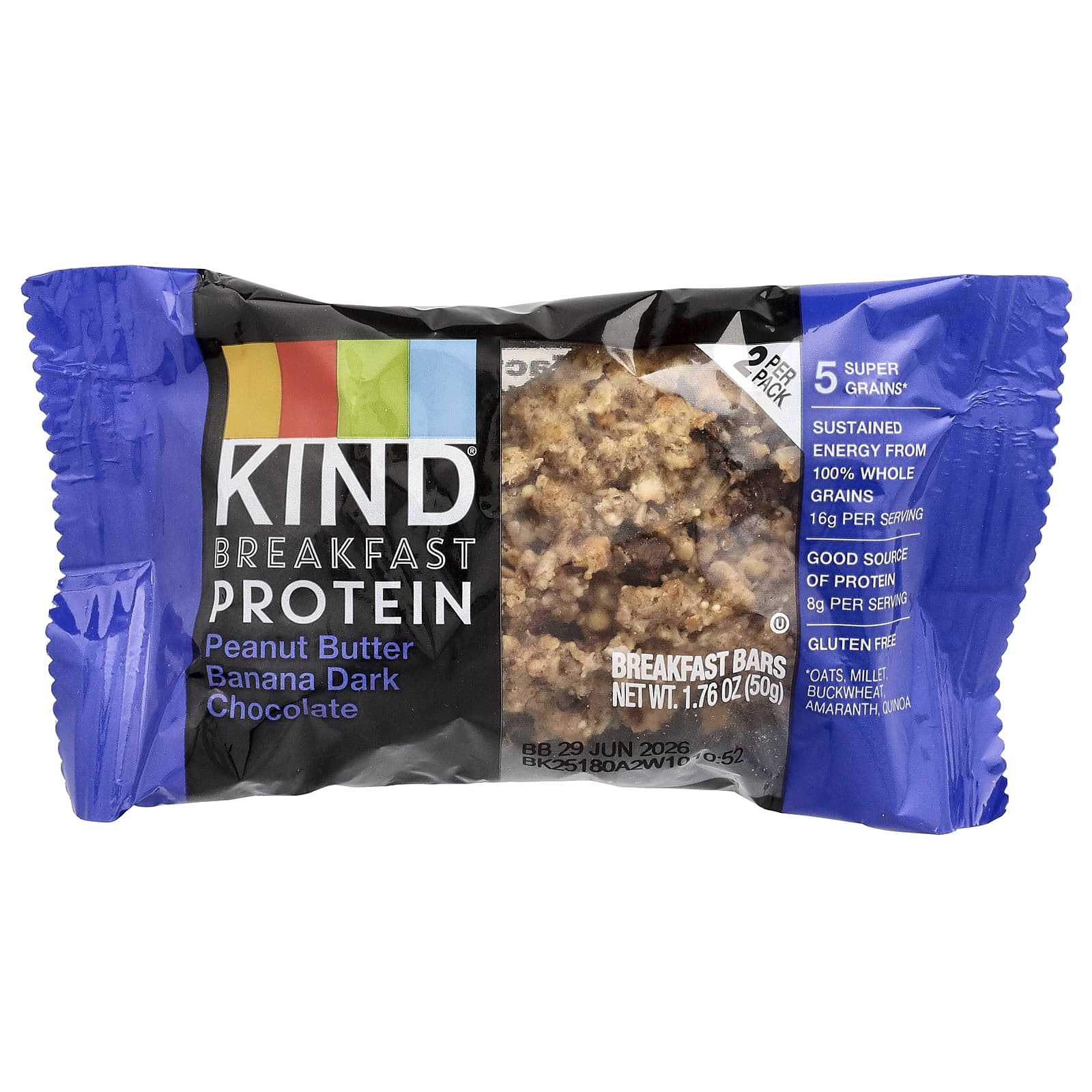 KIND Bars, протеиновые батончики для завтрака, арахисовая паста, банан и темный шоколад, 6 упаковок по 50 г (1,76 унции)