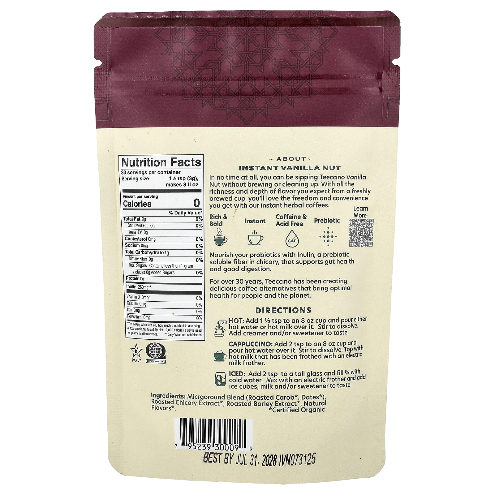 Teeccino, растворимый травяной кофе, ваниль и орех, средней обжарки, без кофеина, 100 г (3,53 унции)