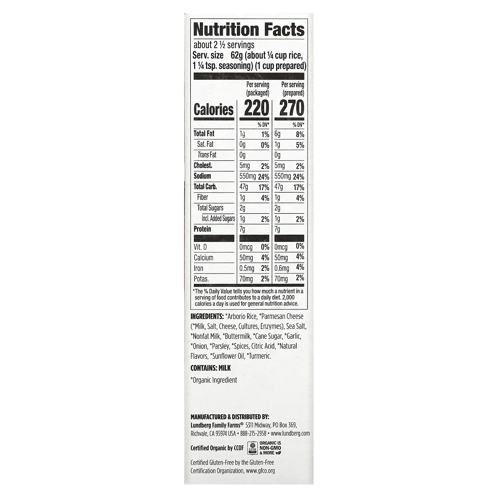 Lundberg, Традиционный итальянский ризотто, альфредо, 156 г (5,5 унции)